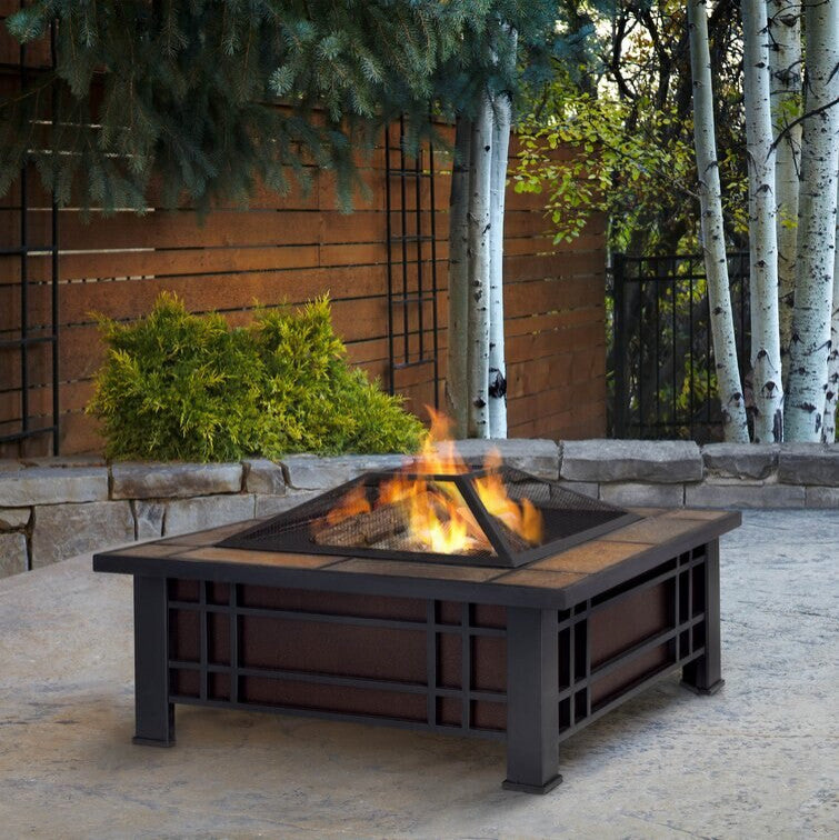 Outdoor Steel Wood Burning Fire Pit Table With Spark Screen And Log Poker Tool