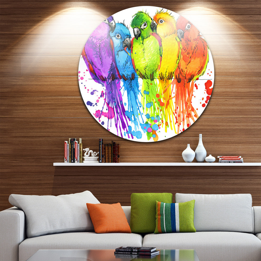 Colorful Parrots Illustration, Animal Round Wall Art, 11"