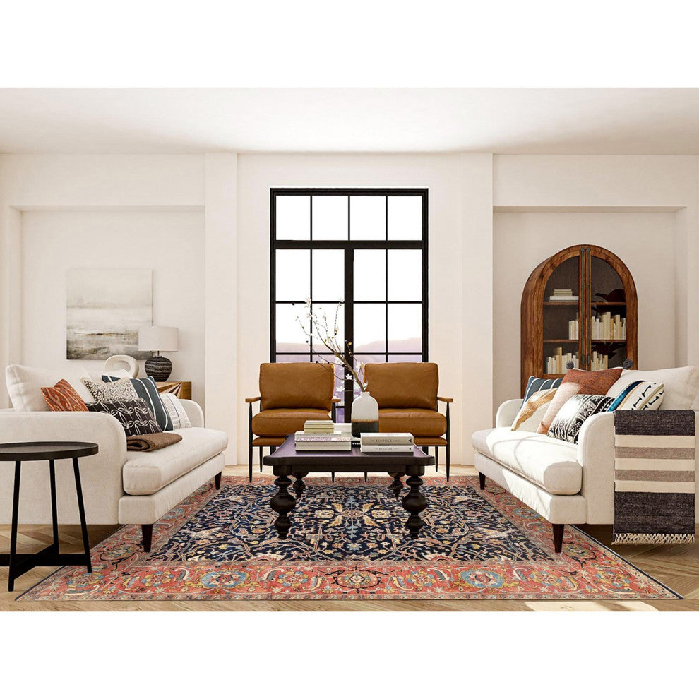 Midnight Blue Antiqued Heriz Soft Wool Hand Knotted Oriental Rug, 8'1"x10'1"