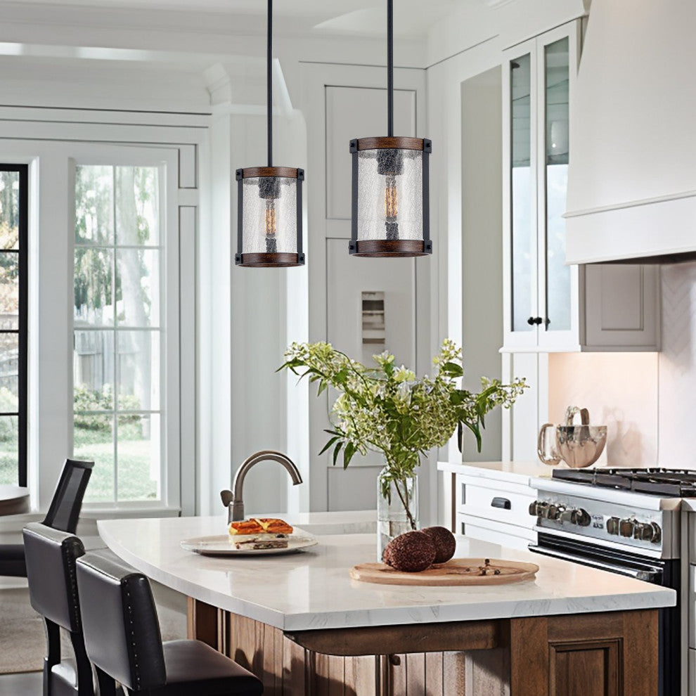 Kira Home Hadley 9" Farmhouse Pendant Light, Crackled Glass Shade, Wood Style