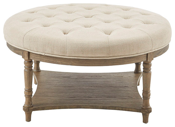 Martha Stewart Country Style Round Ottoman With Bottom Shelf, Cream