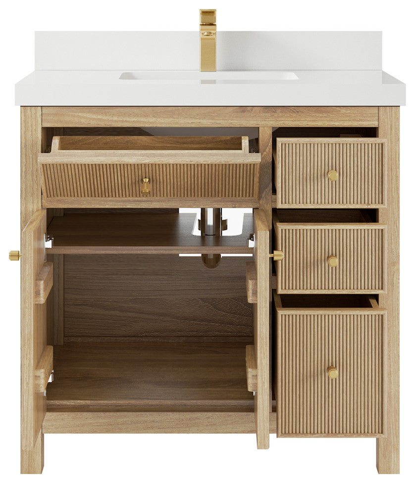 Sonoma 36 Center Sink Bath Vanity in Light Natural Teak with 2" White Quartz