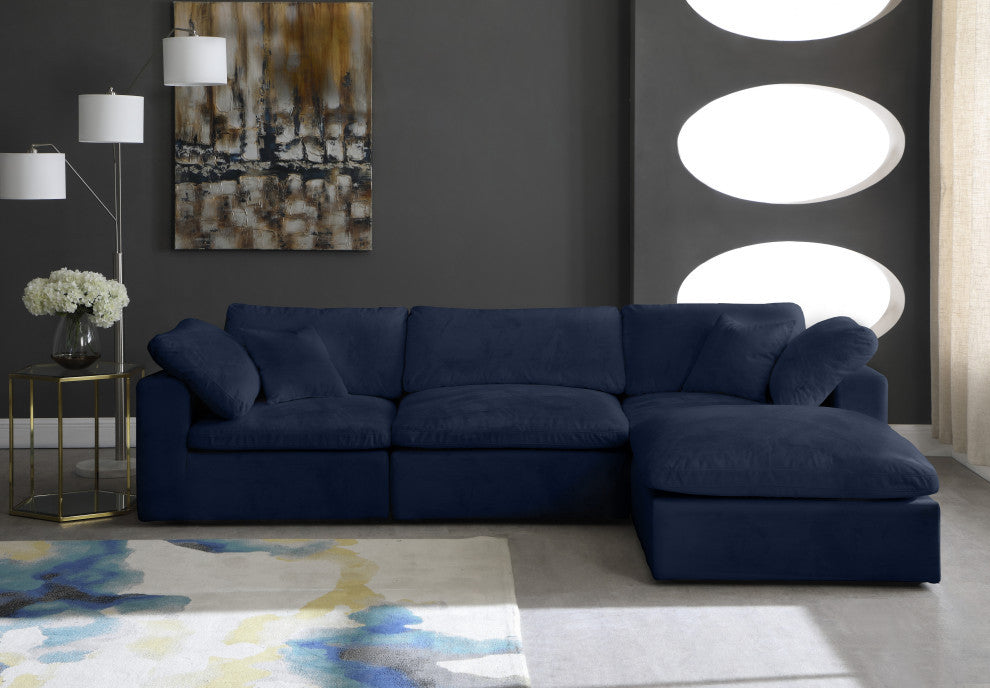 Cozy Velvet Upholstered Comfort L-Shaped Modular Sectional, Navy, 4-Piece: 1 Armless Chair, 2 Corner Chair, 1 Ottoman