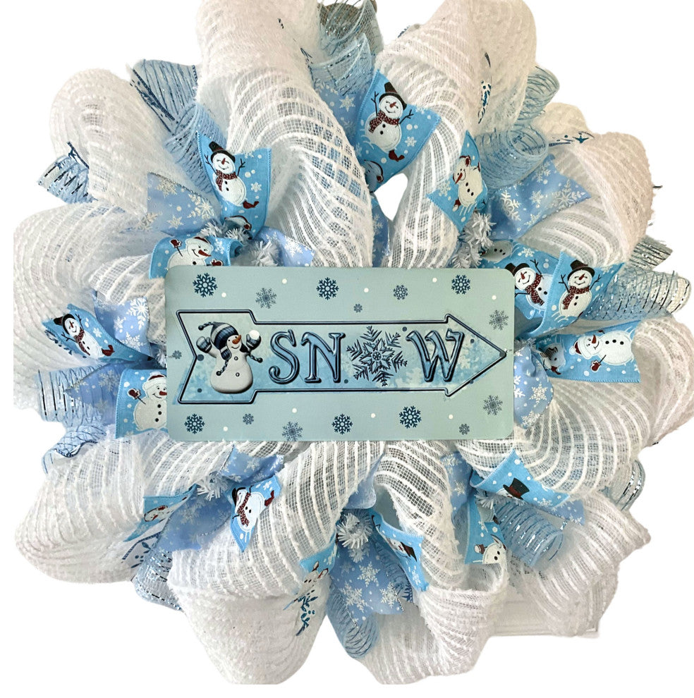 Snow Deco Mesh Wreath With Adorable Snowman Handmade Deco Mesh