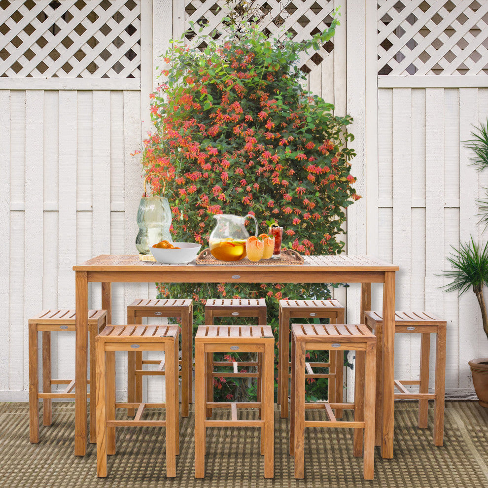 9-Piece Teak Wood Santa Monica Patio Bar Set, 71" Bar Table and 8 Barstools