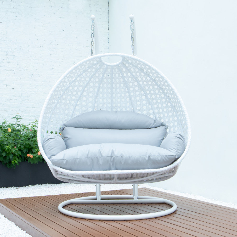 2 Person White Wicker Double Hanging Egg Swing Chair, Light Gray