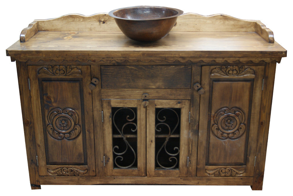 Anderson Rustic Bathroom Vanity With Carving, 55"x22"x36", Fake Drawer