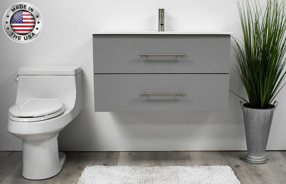 Napa 36" Modern Floating Bathroom Vanity With Ceramic Top and Round Handles, Gray