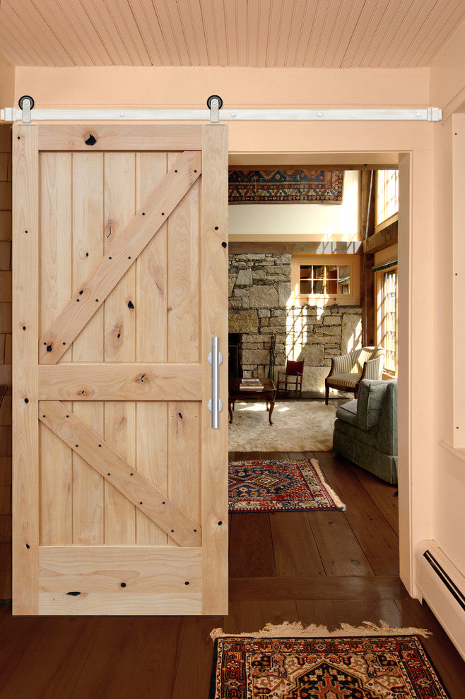 Unfinished Interior Knotty Alder K Panel V-Groove Barn Door, Stainless