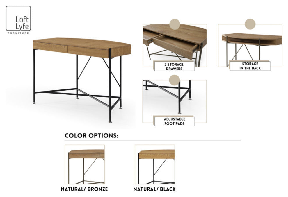 Loft Lyfe Laniya Desk, 2 Storage Drawers, Natural/Bronze