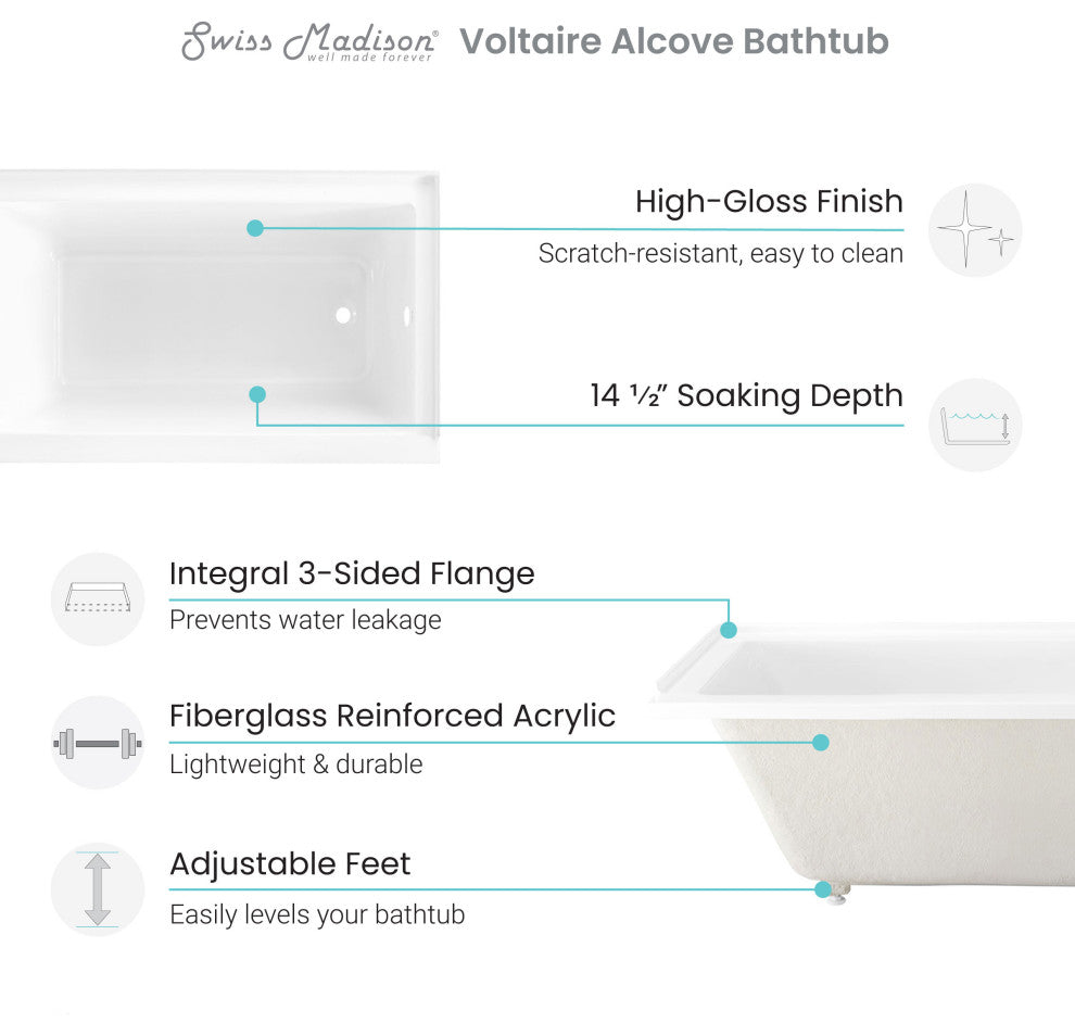 Voltaire Acrylic With Integral Tile Flange, 60"x30", Right Hand Drain