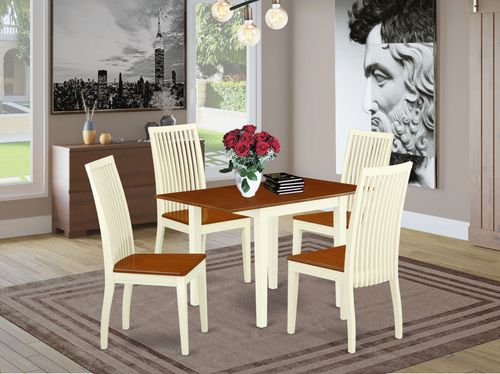 5Pc Dining Set, Wood Table, 4 Chairs, Rubberwood Seat, Buttermilk-Cherry
