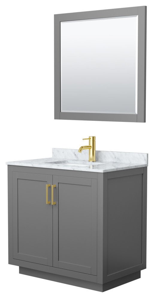 36"SGL Bathroom Vanity Dark Gray, Carrara Countertop, Sink, Gold Trim, 34"Mirror