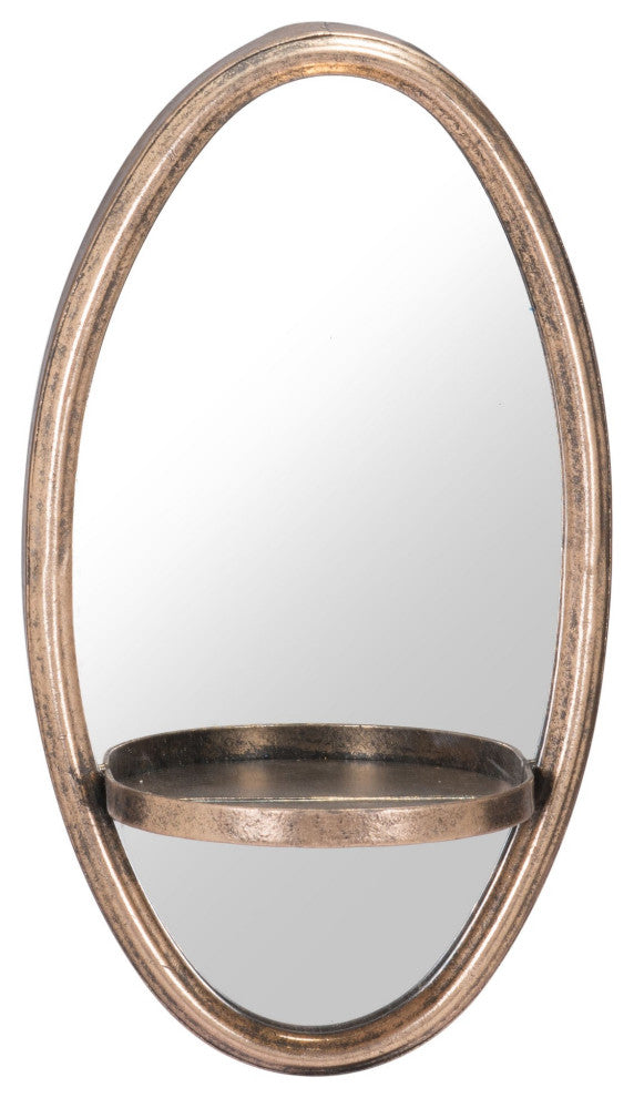 Antiqued Gold Oval Mirror With Petite Shelf