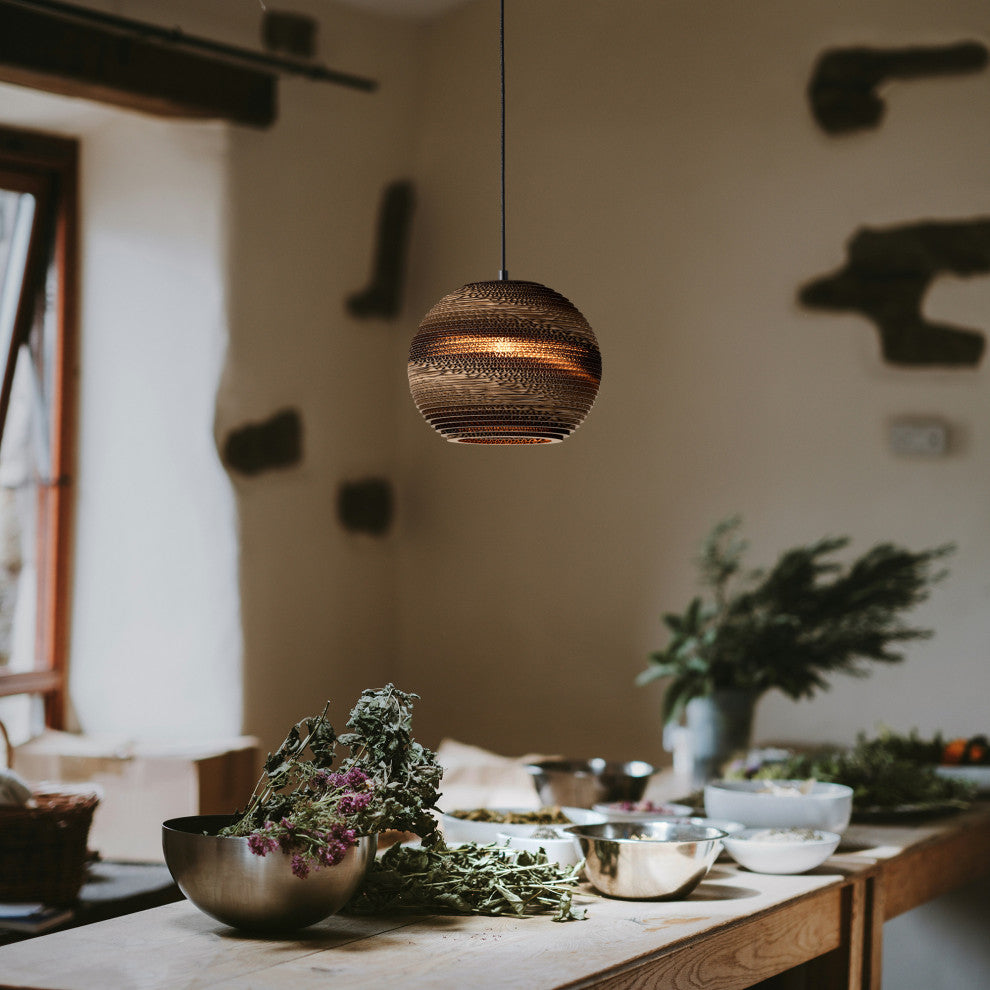 1-light Brown Natural Pendant Light With Nordic Style Globe Cardboard Shade