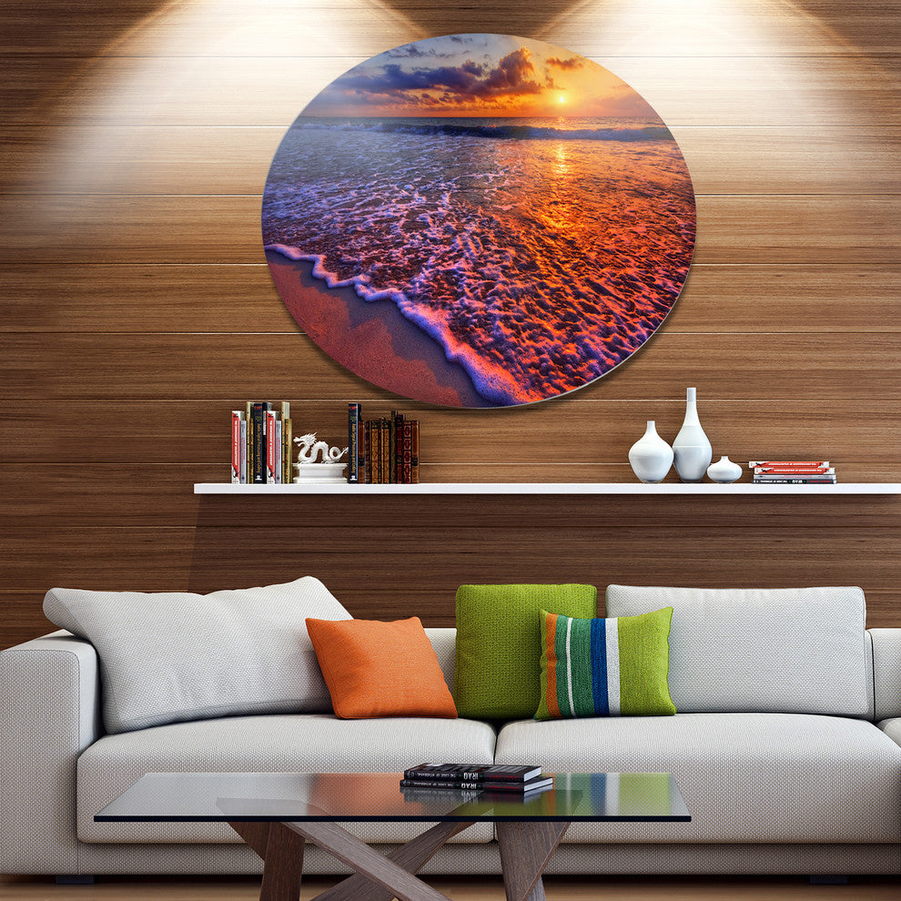 Colorful Sunset And Wavy Waters, Seashore Art Round Metal Wall Art, 11"