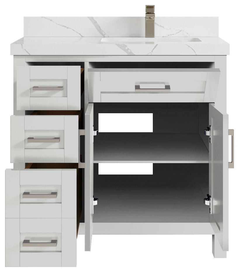 Cambridge 36 Right Offset Bath Vanity in Coventry Gray 2" Calacatta Laza