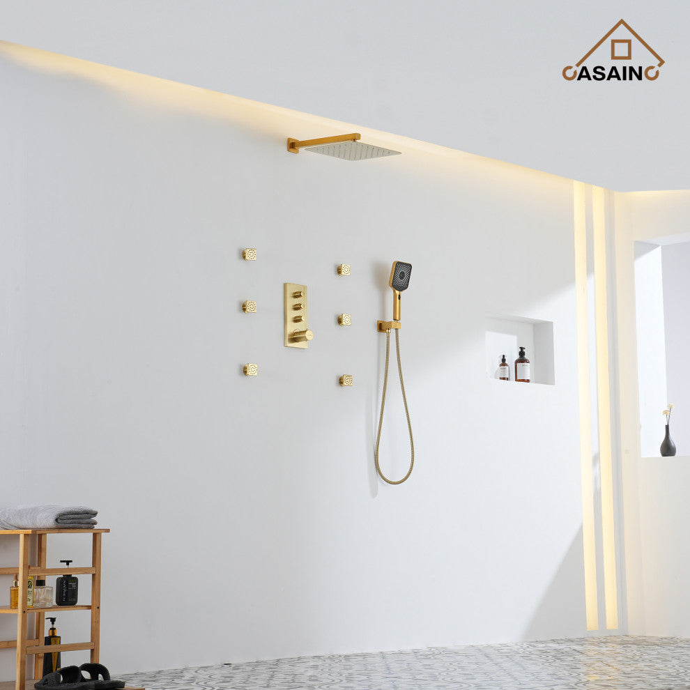 3 Functions 12 Inch Wall Mount Thermostatic Shower System, Brushed Gold