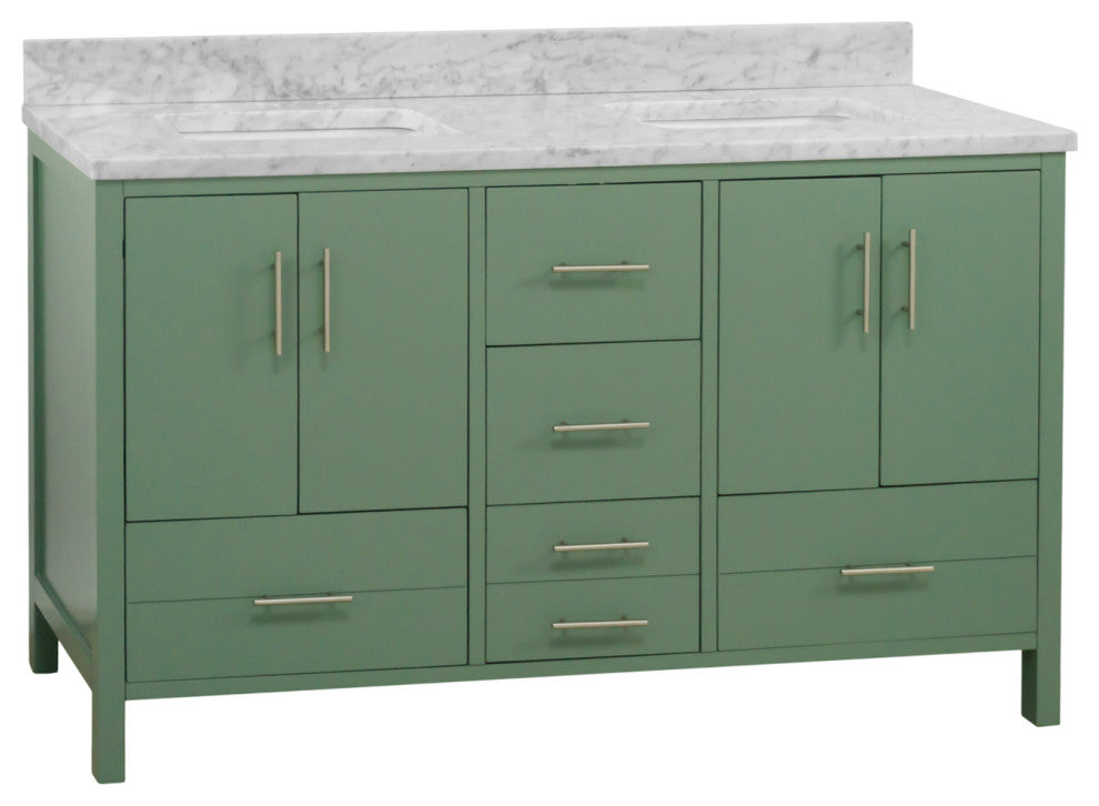 California 60" Bathroom Vanity, Sage Green, Carrara Marble, Double