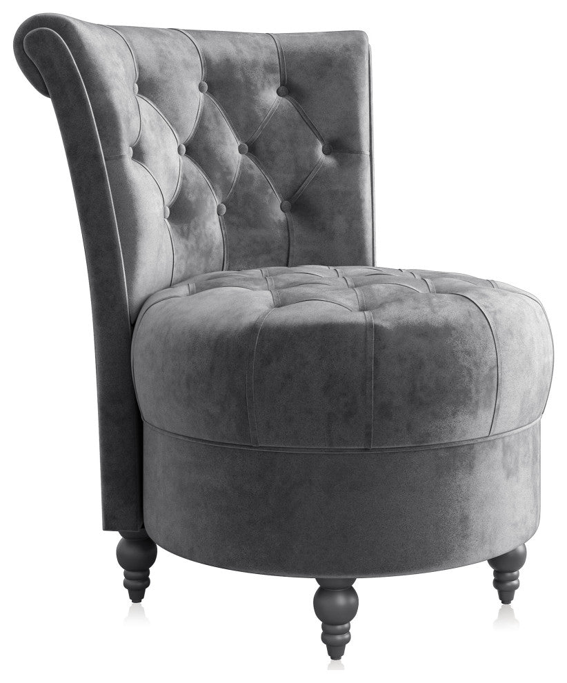 Button-Tufted Accent Chair w/ Thick Padding, Velvet Low Back Chair, Grey