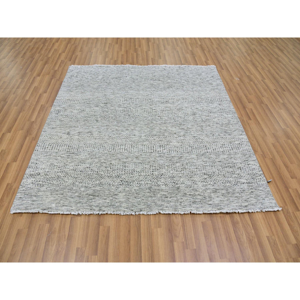 Cloud Gray Natural Undyed Wool Grass Design Hand Knotted Square Rug, 6'x6'