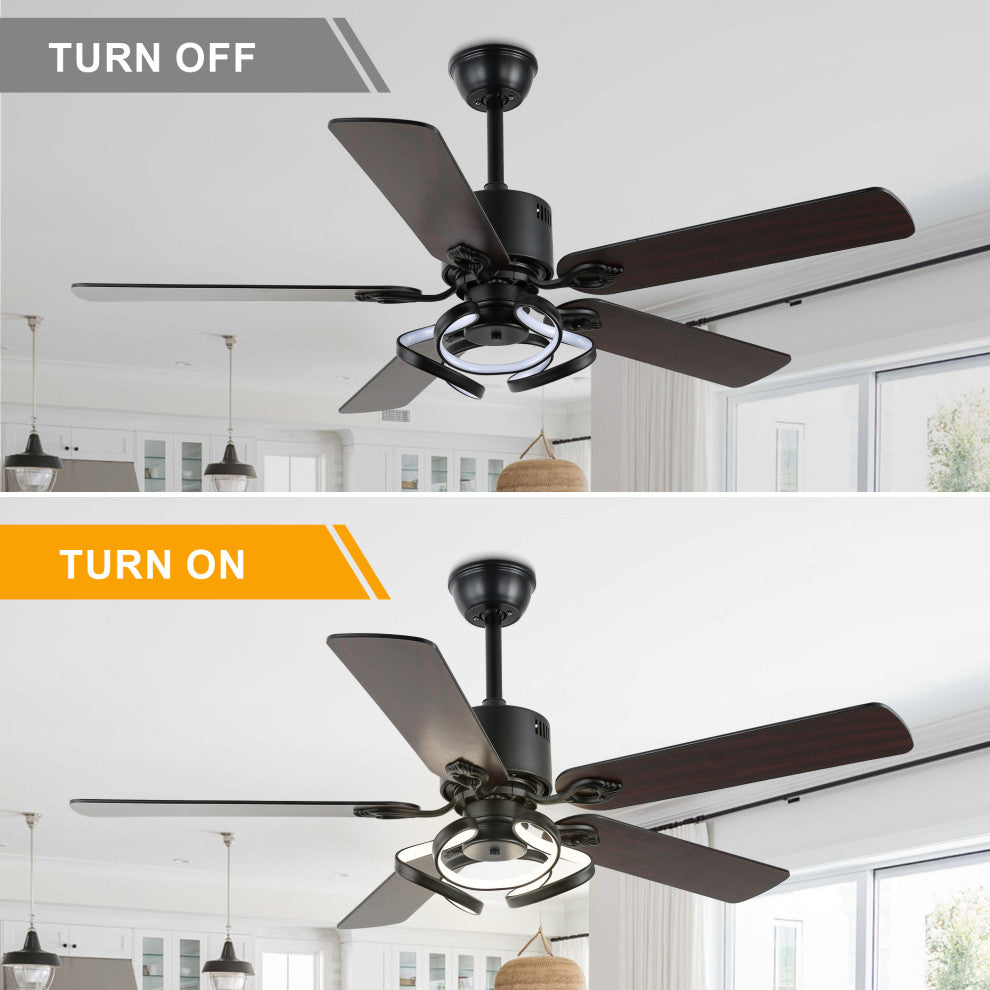 52" Modern Ceiling Fan with 5 Reversible Blades, Remote and LED Light, Black