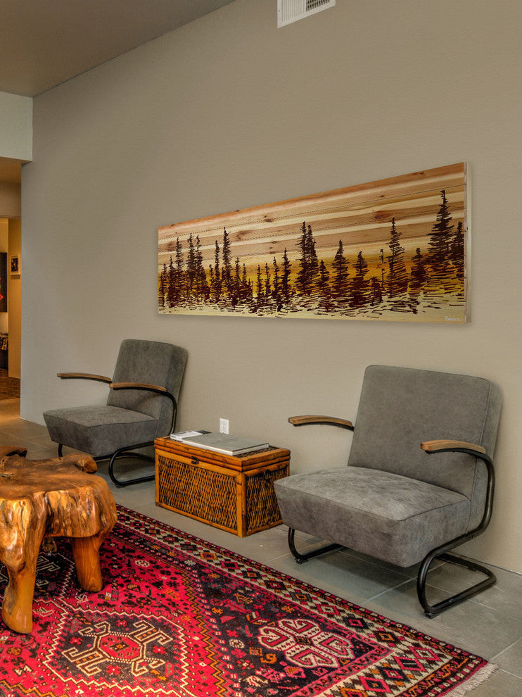 "Pine Tree Sunset" Painting Print on Natural Pine Wood, 60"x20"