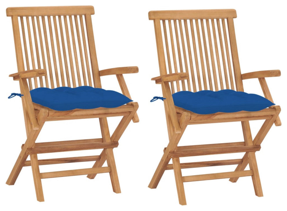 Vidaxl Garden Chairs With Blue Cushions, Set of 2, Solid Teak Wood