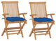Vidaxl Garden Chairs With Blue Cushions, Set of 2, Solid Teak Wood