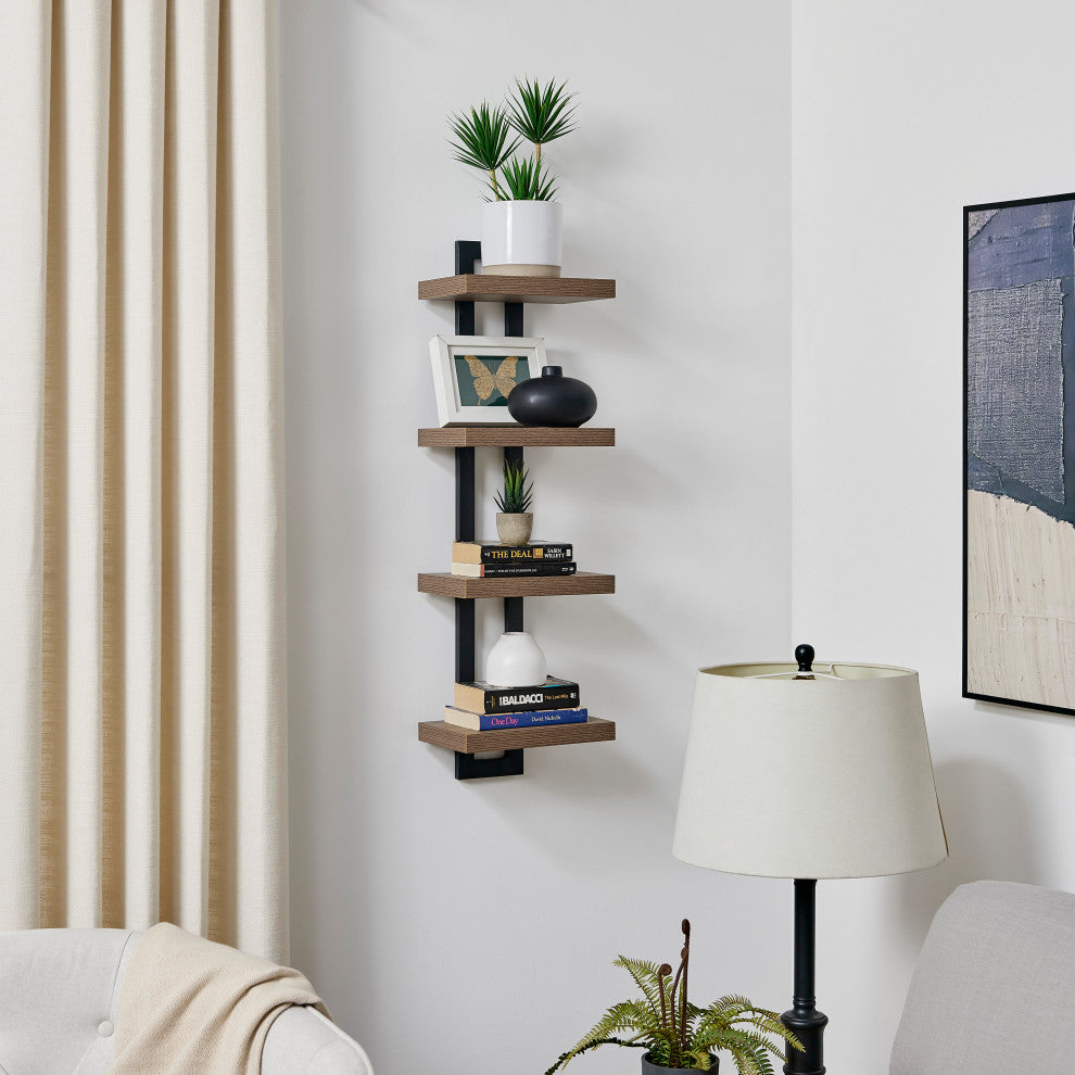Danya B. 4-Tier Ladder Bracket Floating Wall Shelves Metal and MDF, Walnut