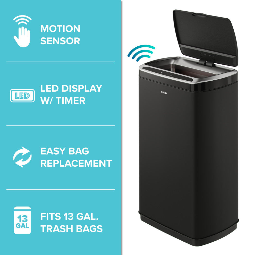 GarbagePro Rectangular 13 Gal Touchless Motion Sensor Matte Black Trash Can