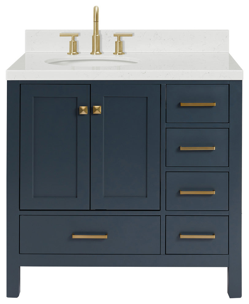 Ariel Cambridge 36" Left Offset Single Oval Sink Vanity, Carrara Quartz, Midnight Blue