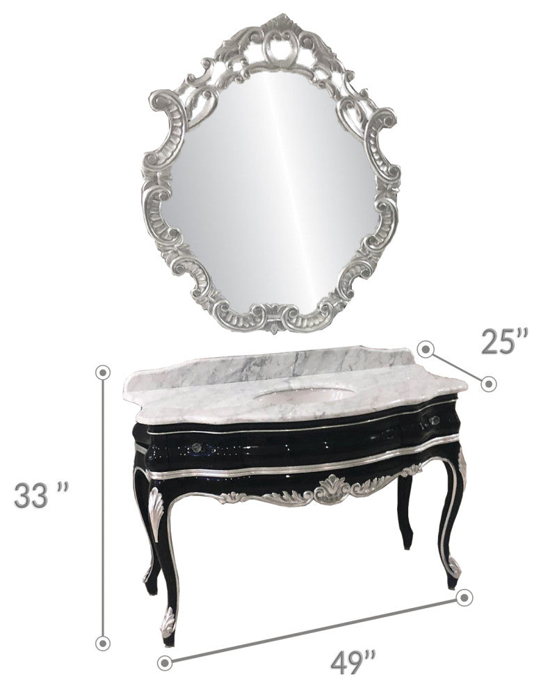 Handmade 48'' Single Bath Vanity, Italian Marble Top, Solid Wood, Mirror, Black