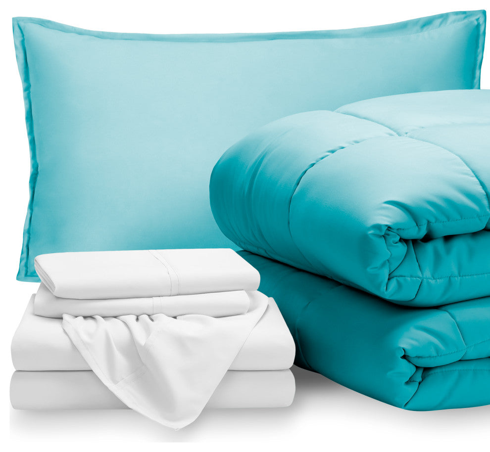 Bare Home 5-Piece Twin Bed-in-a-Bag, Aqua, White
