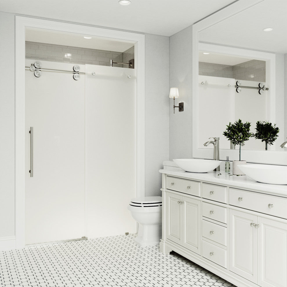 VIGO Elan 56" to 60" W x 74" H Frameless Sliding Shower Door, Stainless Steel, Left, Frosted Glass