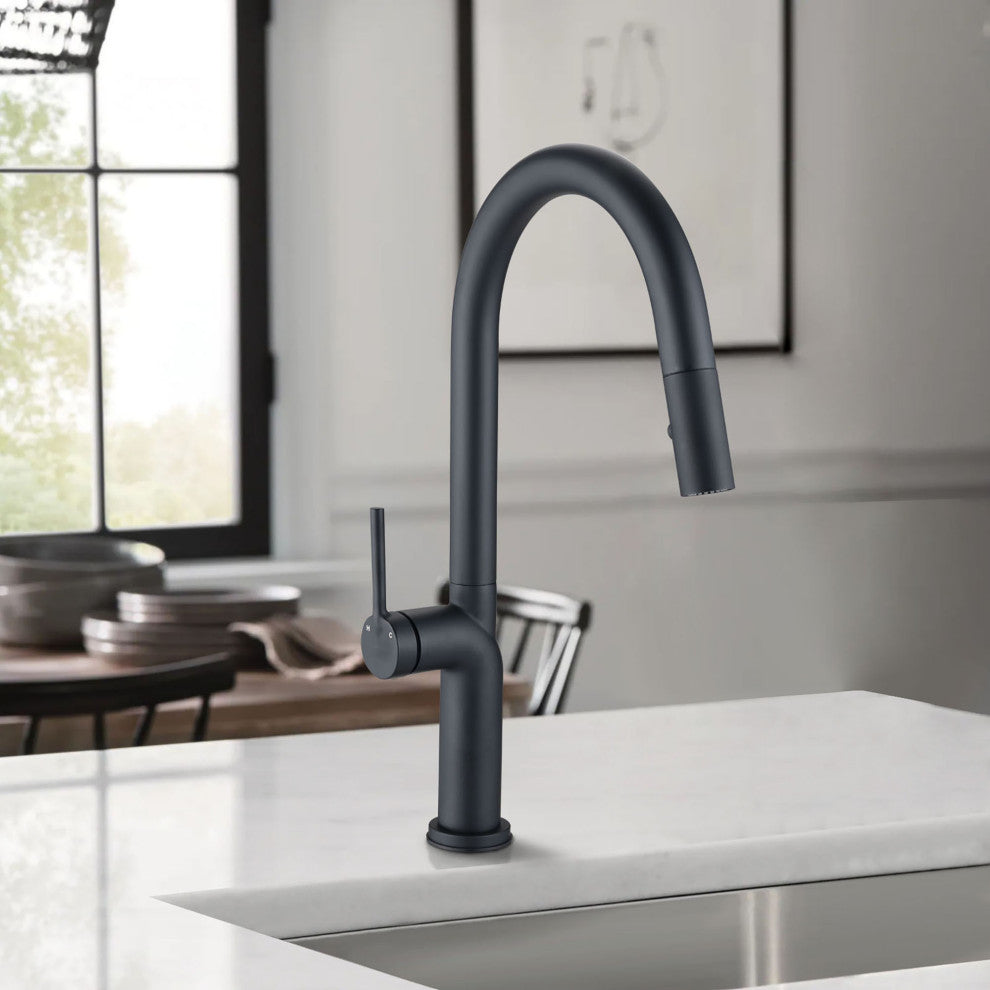 Single Handle Deck Mounted High Arc Pull Down Kitchen Faucet with Deckplate, Mat