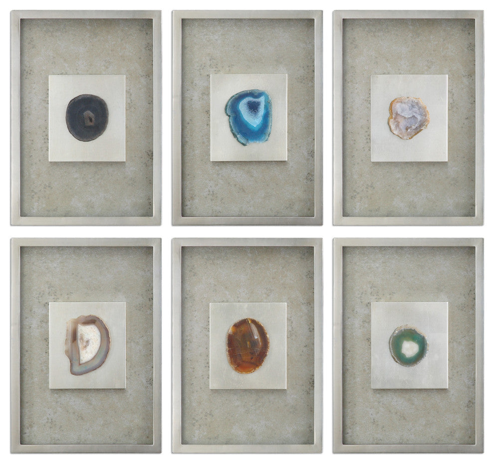 Elegant Agate Stone Slice Wall Art 6-Piece Set, Silver Champagne Framed