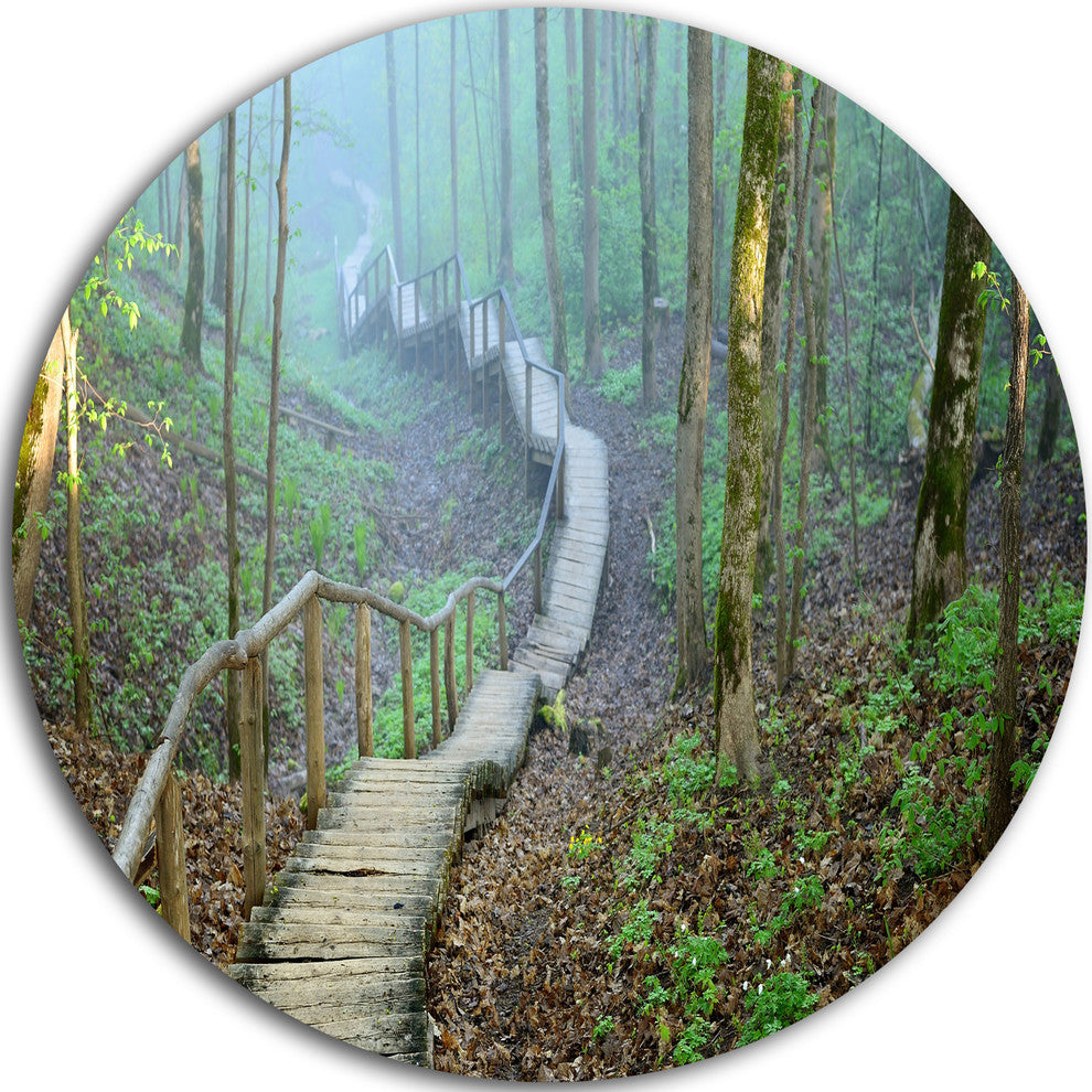 Stairway Leading To Foggy Forest, Landscape Disc Metal Artwork, 23"