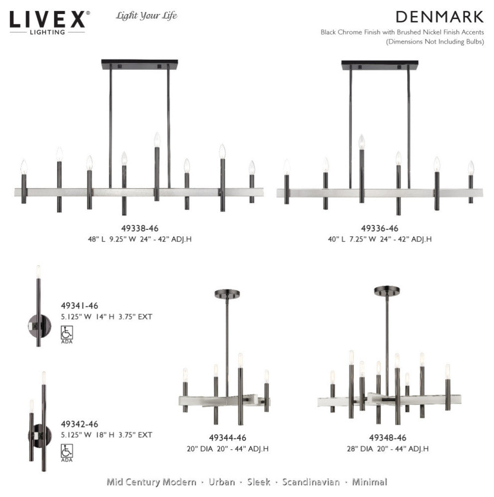 Denmark 6-Light Black Chrome Extra Large Linear Chandelier with Brushed Nickel