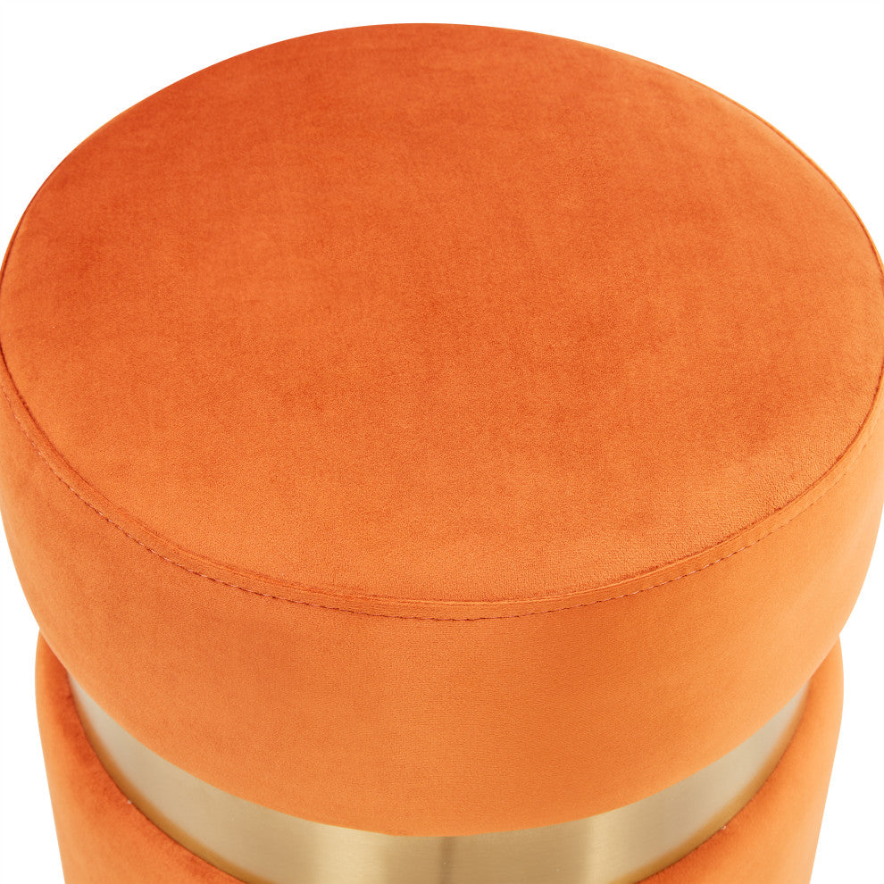LeisureMod Troy Modern Round Velvet Ottoman Footrest Gold Band, Orange Marmalade
