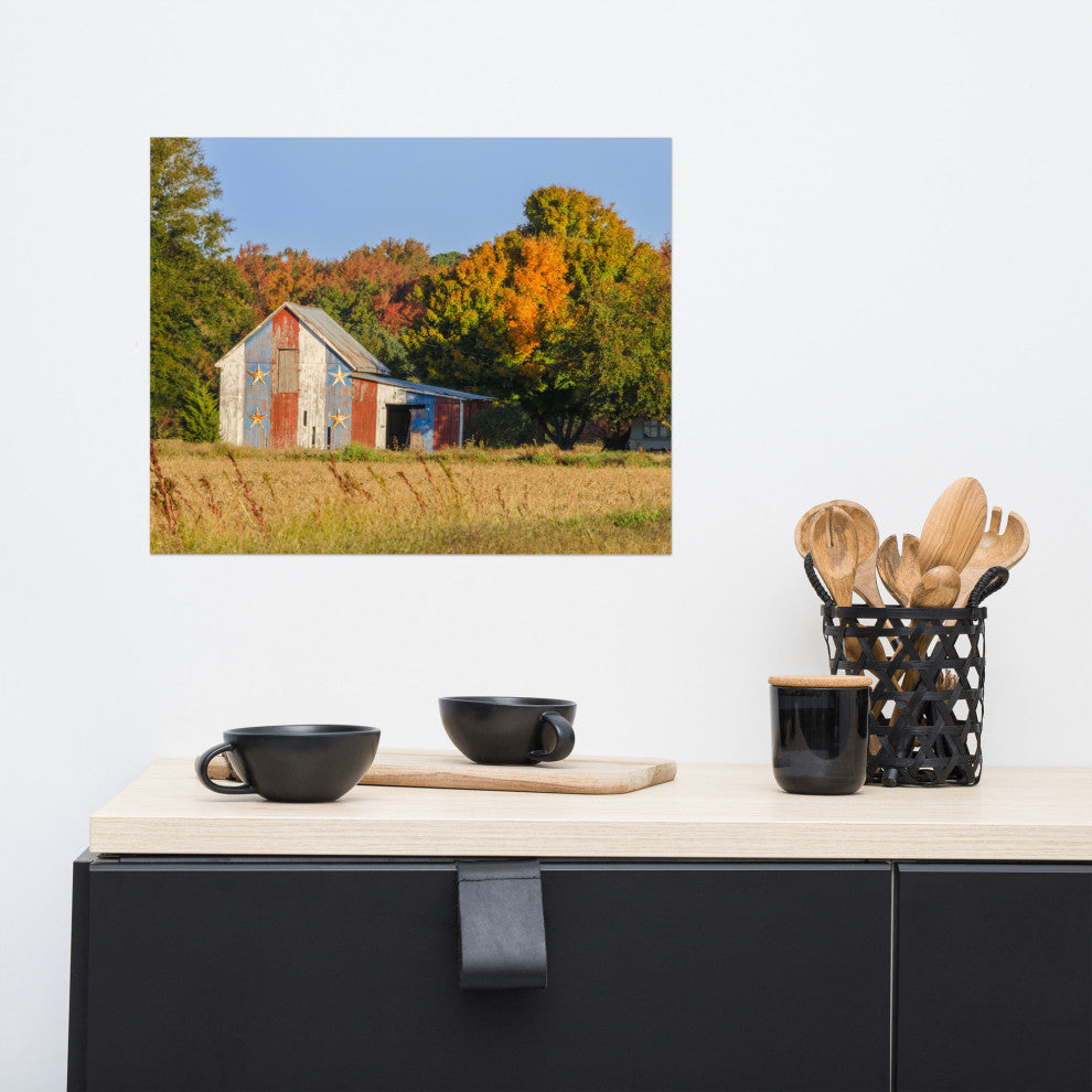 Patriotic Barn in Field Landscape Photo, Rural Unframed Wall Art Print, 16" X 20"
