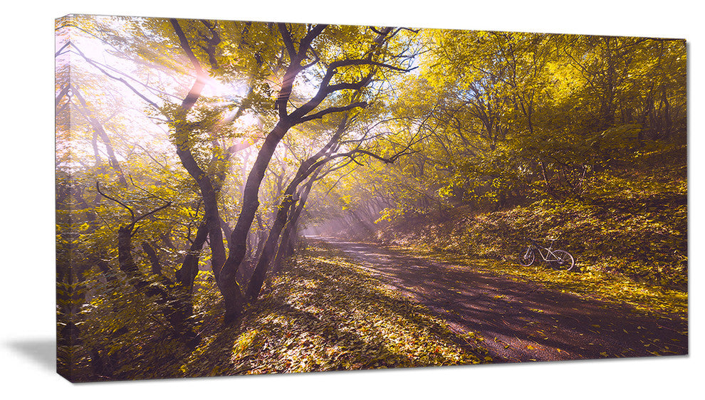Bicycle Ride in Fall Forest, Large landscape Canvas Art Print, 60"x28"
