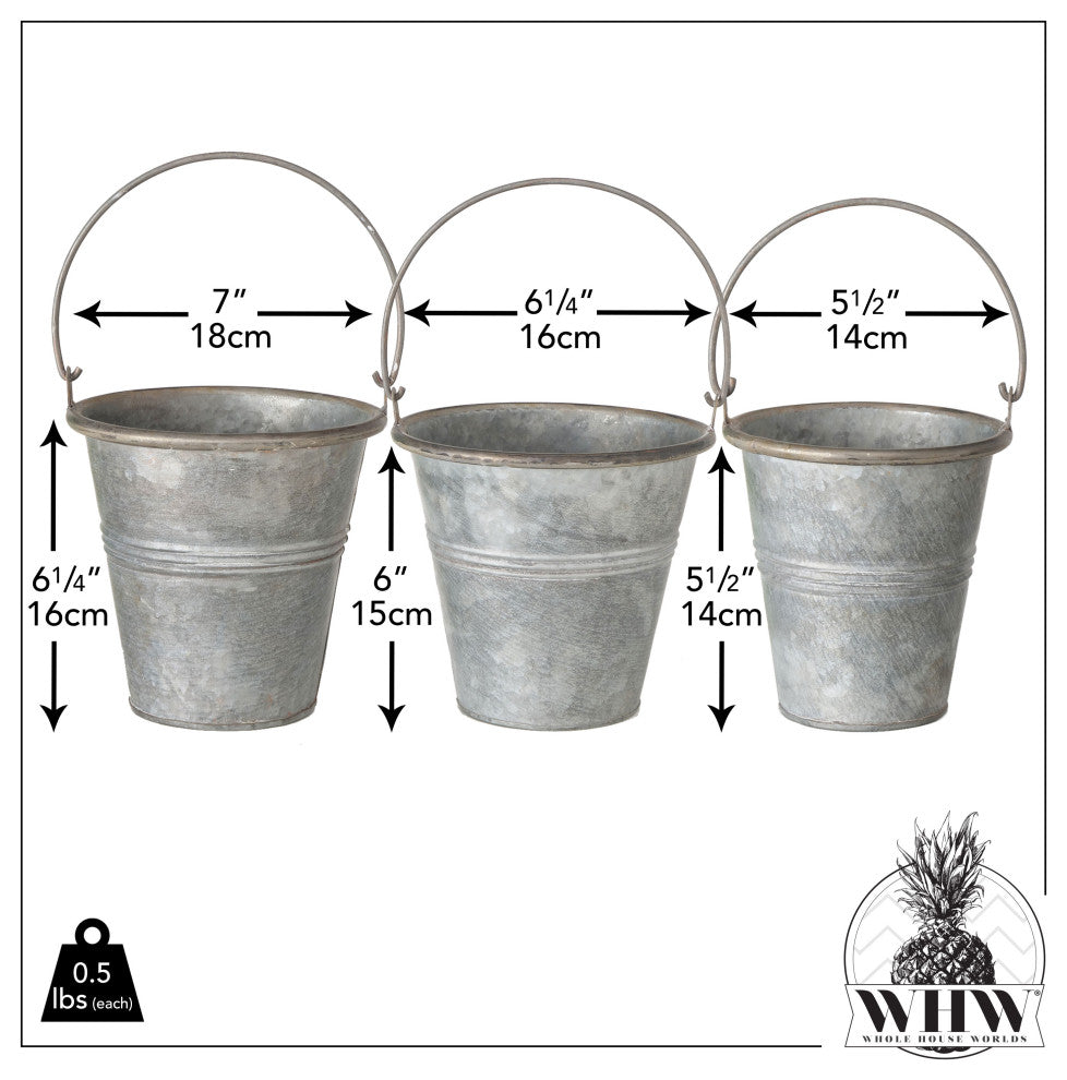 Grey Zinc Pail Planters, Set of 3