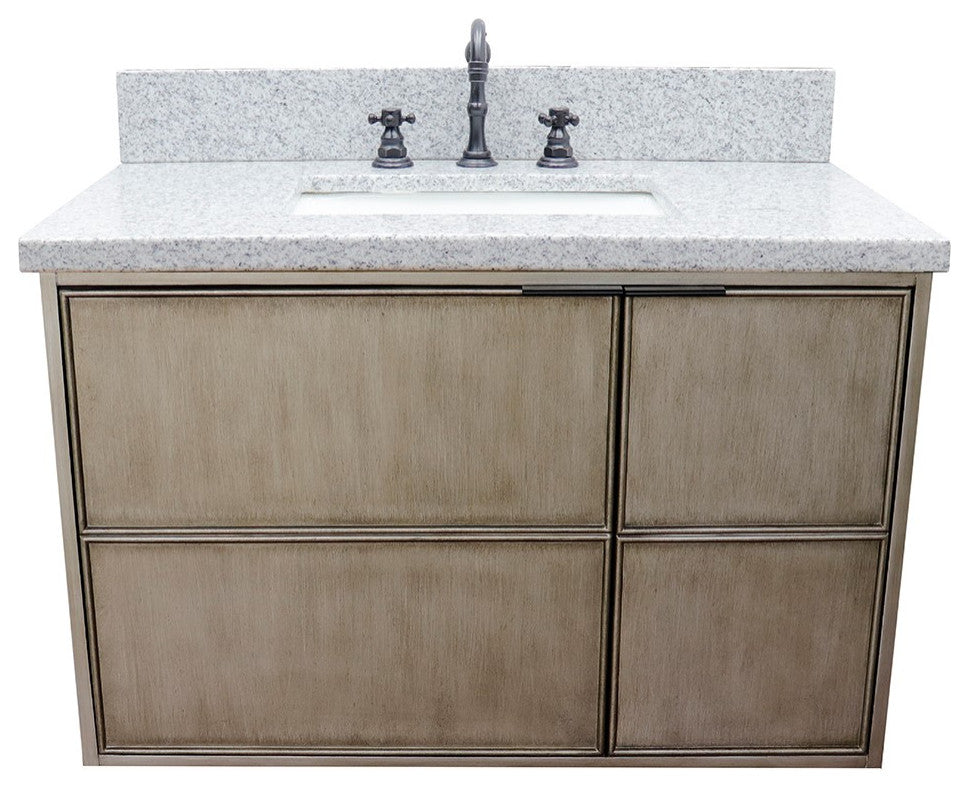 37" Single Wall Mount Vanity, Linen Brown Finish With Gray Granite Top