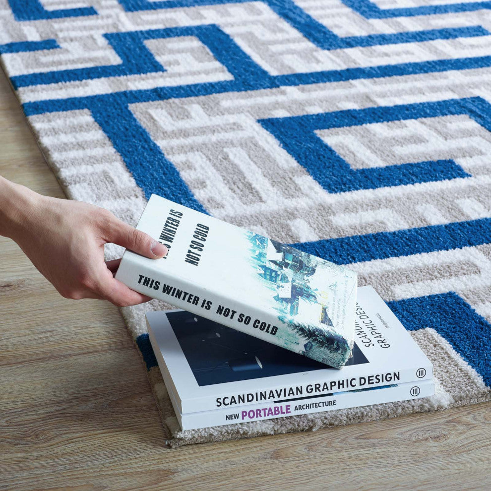 Ivory, Light Gray and Blue Nahia Geometric Maze 5x8 Area Rug