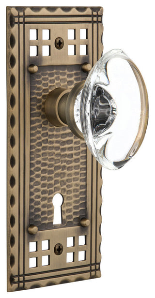 Single Craftsman Plate With Oval Clear Crystal Knob, Antique Brass