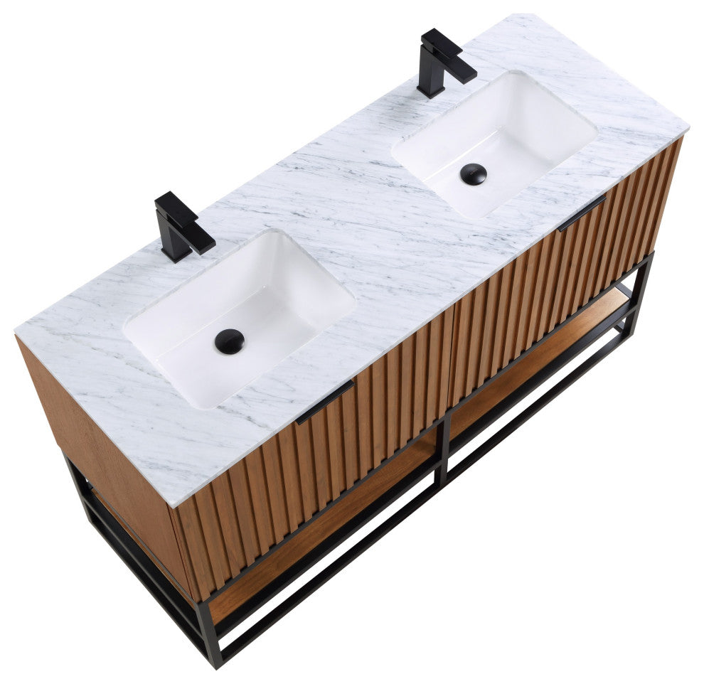 Terra Bathroom Vanity, Walnut/Matte Black With Carrara Marble, 60"