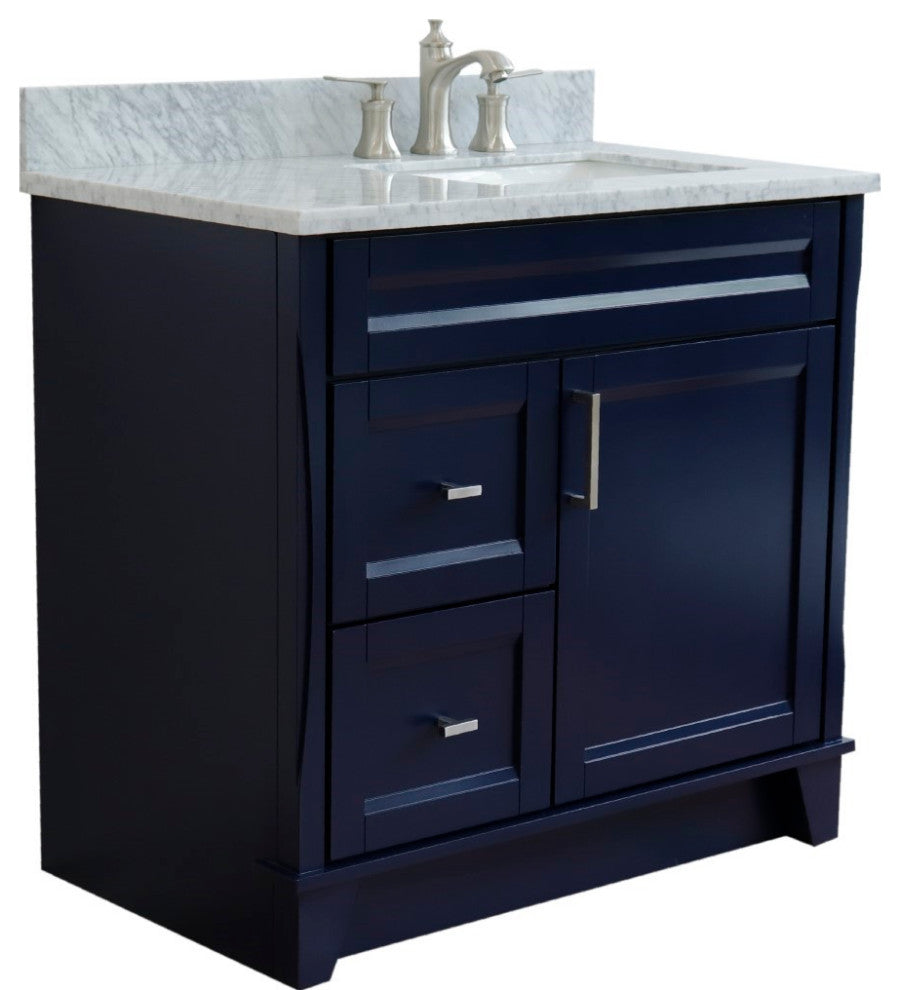 37" Single Sink Vanity, Blue Finish With White Carrara Marble