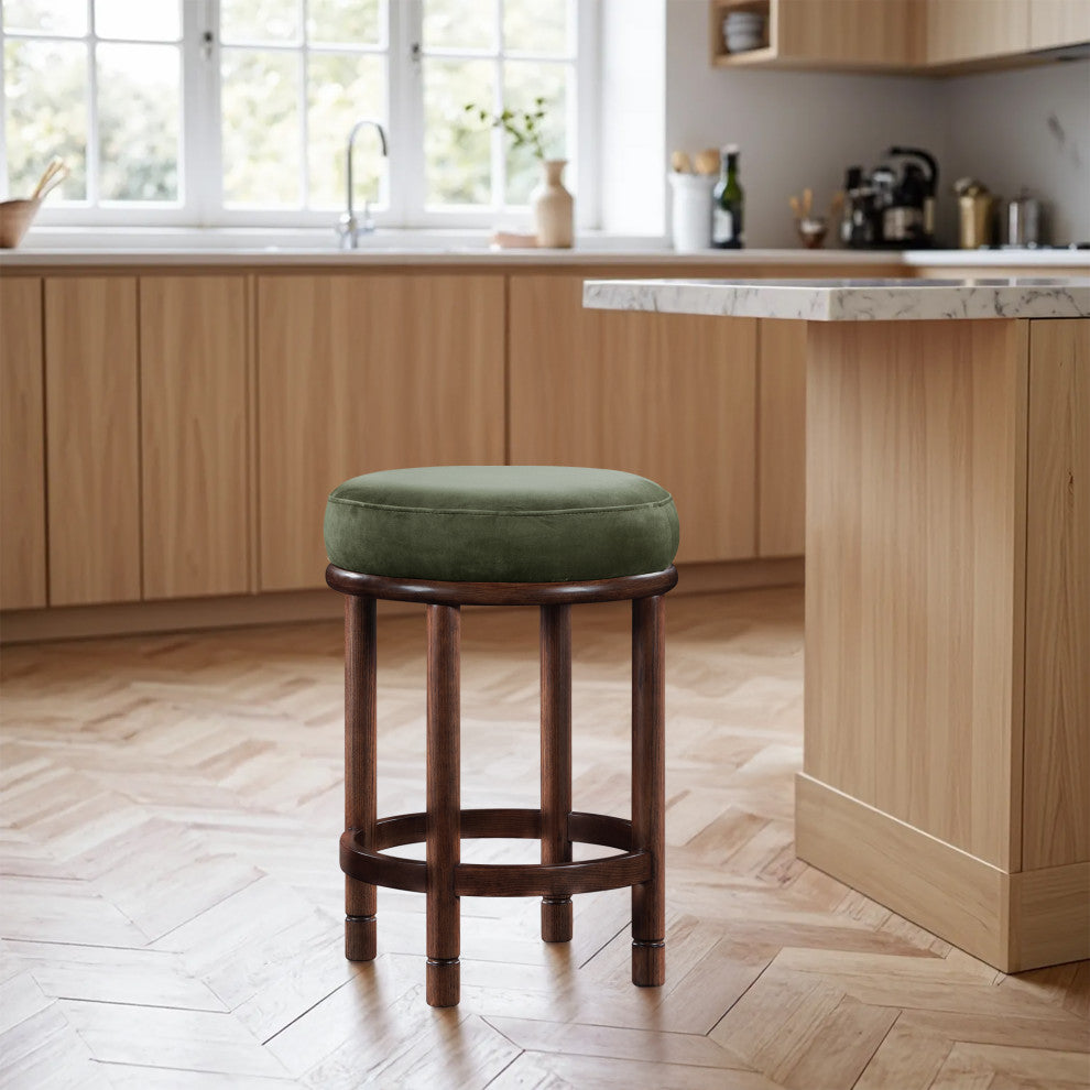 Monette Upholstered Bar and Counter Stool, Green, Velvet, Brown Finish