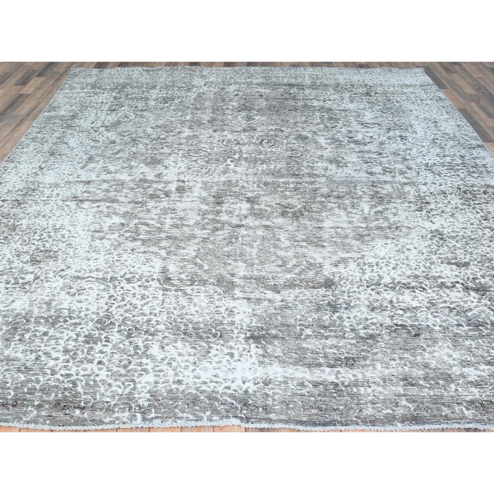 Stone Gray Worn Wool Hand Knotted Semi Antique Persian Tabriz Rug, 9'3"x12'0"